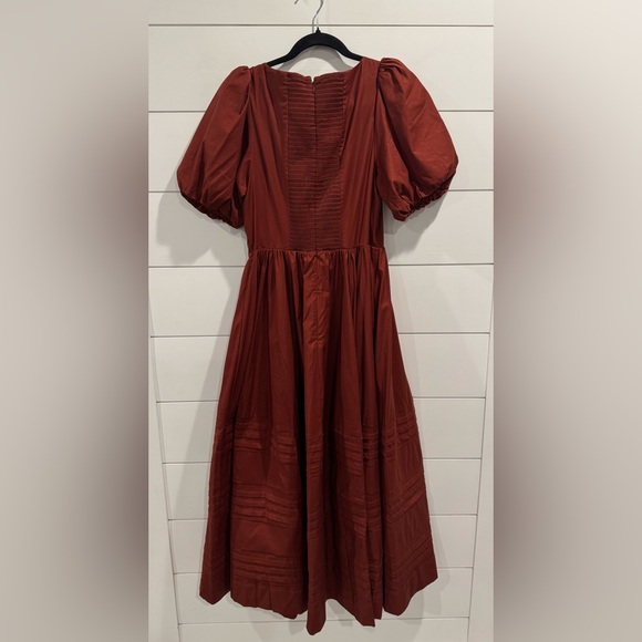 NWT Reformation Everlyn Puff Sleeve Stretch Organic Cotton Maxi Dress in rust - Picture 8 of 10